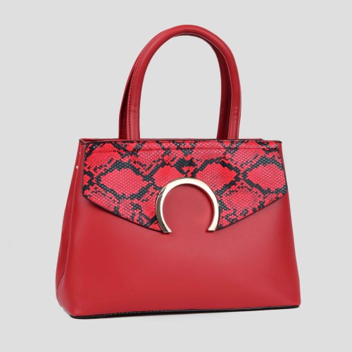 Snake Pattern Zip Closure Shoulder Handbag - Red |image