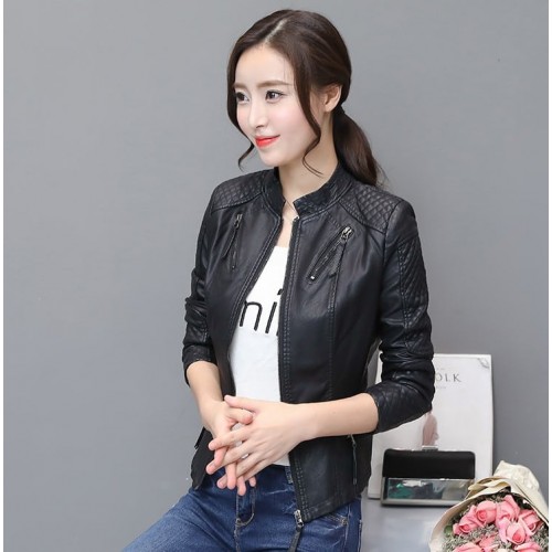 Checkered Pattern Body Fit Ladies Leather Jacket - Black |image