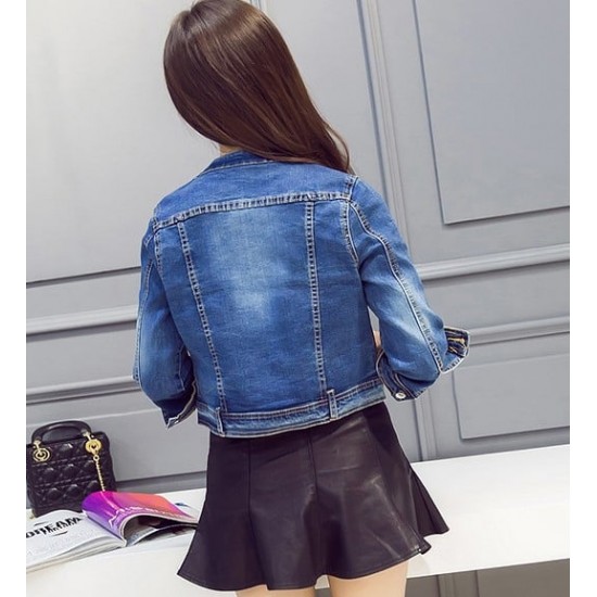 Vintage Women Short Casual Denim Jacket - Navy Blue |image