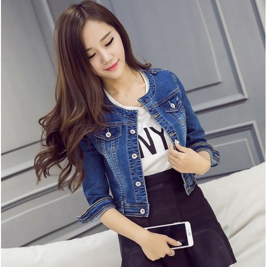 Vintage Women Short Casual Denim Jacket - Navy Blue |image