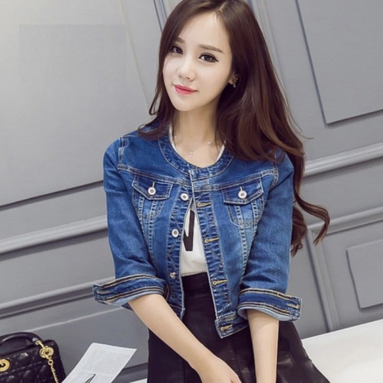 Vintage Women Short Casual Denim Jacket - Navy Blue |image
