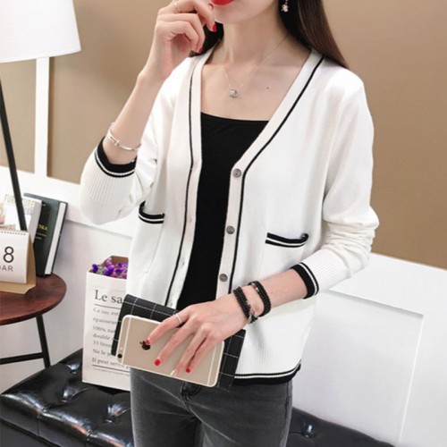 Contrast Ladies Cardigan Knitwear Sweater - White | Image