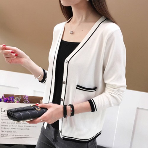 Contrast Ladies Cardigan Knitwear Sweater - White | Image