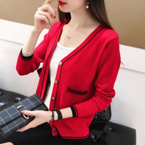 Contrast Ladies Cardigan Knitwear Sweater - Red | Image