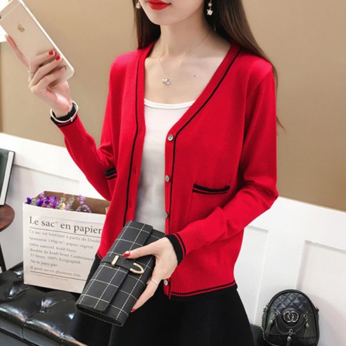 Contrast Ladies Cardigan Knitwear Sweater - Red | Image