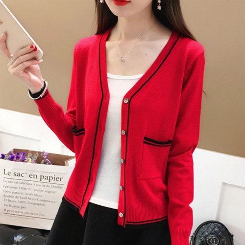 Contrast Ladies Cardigan Knitwear Sweater - Red | Image