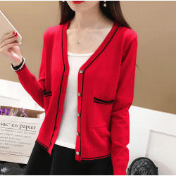 Contrast Ladies Cardigan Knitwear Sweater - Red