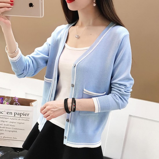 Contrast Ladies Cardigan Knitwear Sweater - Blue Contrast Ladies Cardigan Knitwear Sweater - Blue | Image