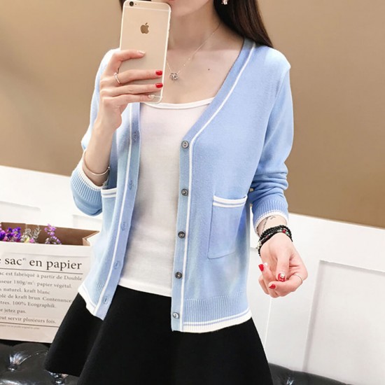 Contrast Ladies Cardigan Knitwear Sweater - Blue Contrast Ladies Cardigan Knitwear Sweater - Blue | Image