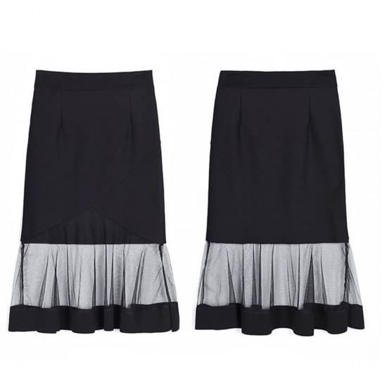 High Waist Women Mesh Knee Length Skirt - Black WC-501BK |image