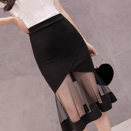 High Waist Women Mesh Knee Length Skirt - Black WC-501BK |image