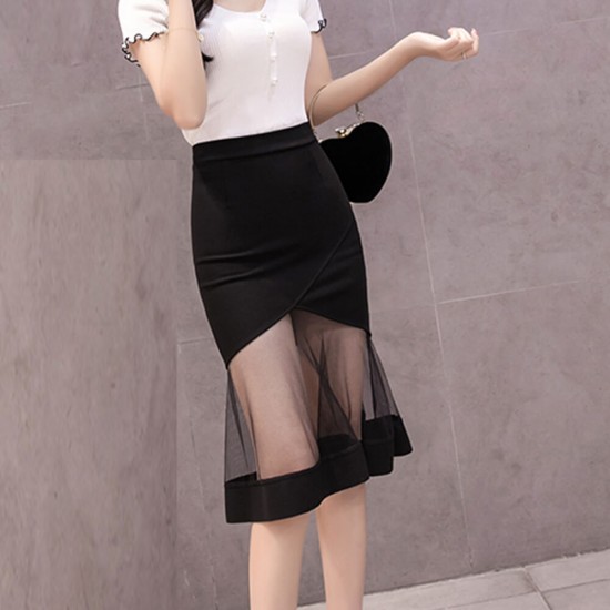 High Waist Women Mesh Knee Length Skirt - Black WC-501BK |image