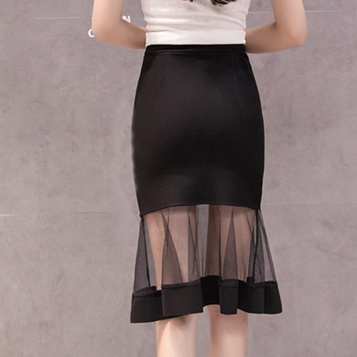 High Waist Women Mesh Knee Length Skirt - Black WC-501BK |image