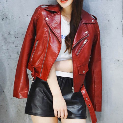 Short Section Slim Elegant Leather Zipper Ladies Jacket - Red | Image
