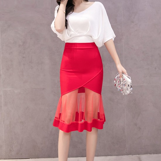 High Waist Women Mesh Knee Length Skirt - Red WC-501RD |image