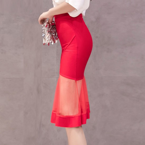 High Waist Women Mesh Knee Length Skirt - Red WC-501RD |image