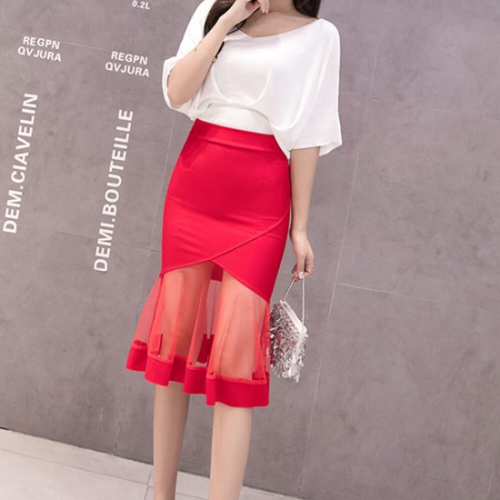 High Waist Women Mesh Knee Length Skirt - Red WC-501RD |image