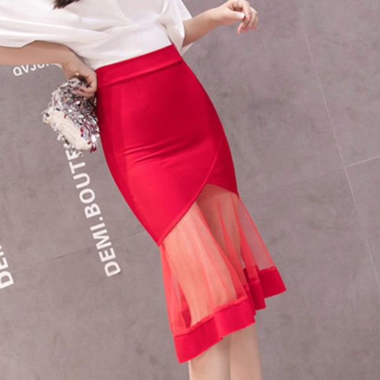 High Waist Women Mesh Knee Length Skirt - Red WC-501RD |image