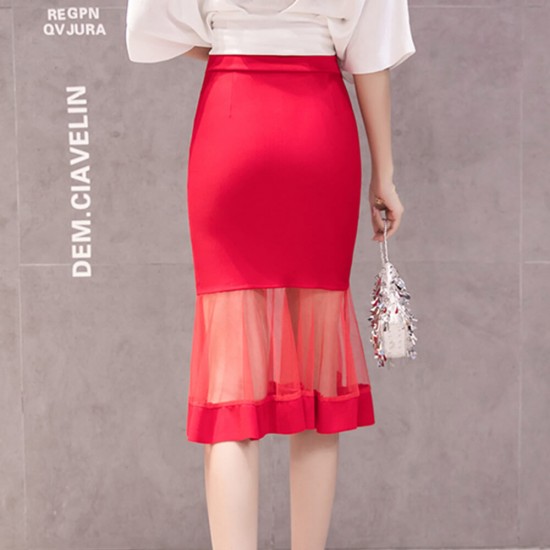 High Waist Women Mesh Knee Length Skirt - Red WC-501RD |image