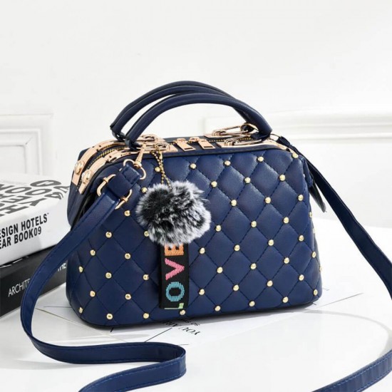Rivets Decorated Hanging Hair Ball Square Shoulder Bag -Blue Rivets Decorated Hanging Hair Ball Square Shoulder Bag -Blue |image