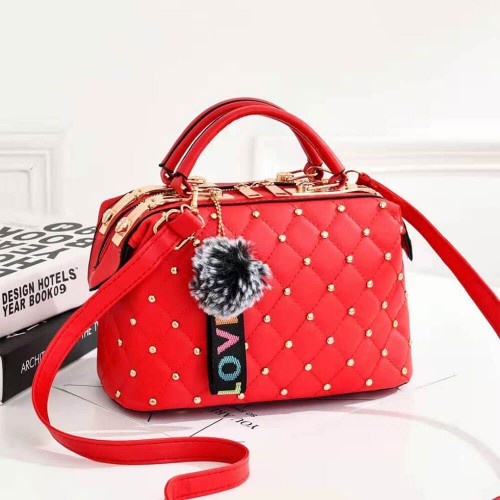 Rivets Decorated Hanging Hair Ball Square Shoulder Bag - Red |image