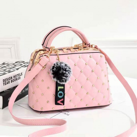 Rivets Decorated Hanging Hair Ball Square Shoulder Bag -Pink Rivets Decorated Hanging Hair Ball Square Shoulder Bag -Pink |image