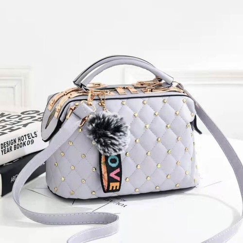 Rivets Decorated Hanging Hair Ball Square Shoulder Bag -Grey |image