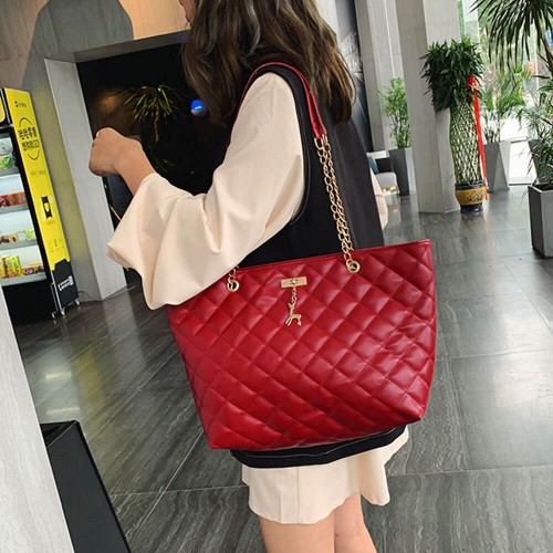 Rhombic Chain Straps Patchwork Women Hand Bag - Red |image