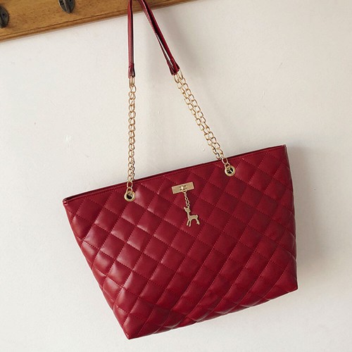 Rhombic Chain Straps Patchwork Women Hand Bag - Red |image