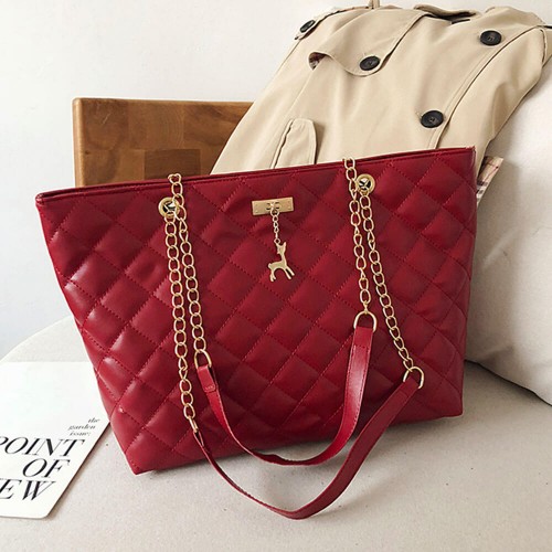 Rhombic Chain Straps Patchwork Women Hand Bag - Red |image
