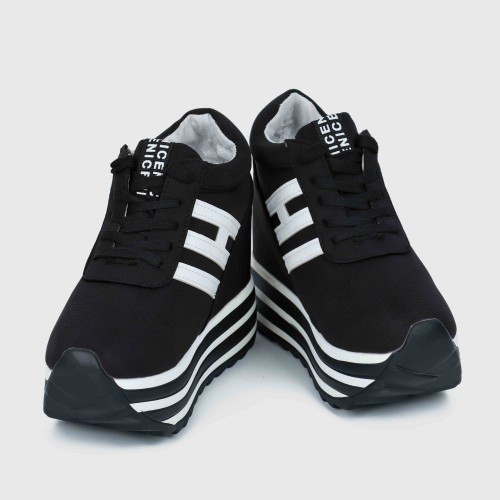 Thick Muffin Platform Laces Up Women Sneakers - Black |image