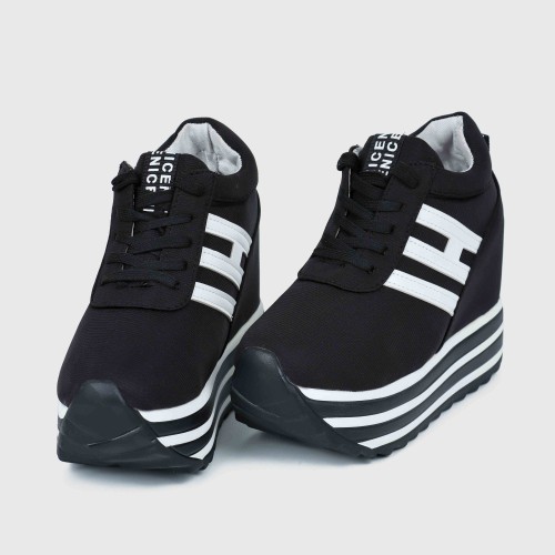 Thick Muffin Platform Laces Up Women Sneakers - Black |image