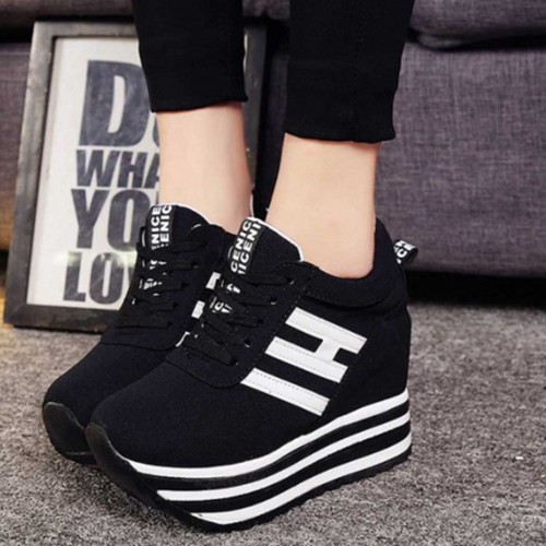 Thick Muffin Platform Laces Up Women Sneakers - Black |image