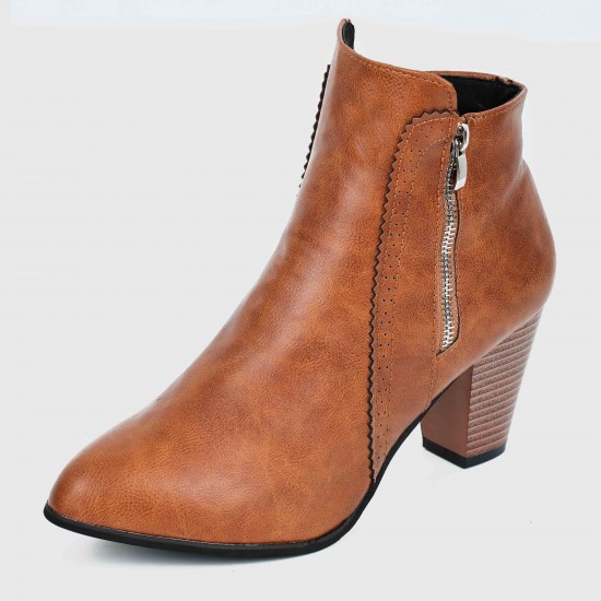 High Heeled Pointed Leather Ankle Boots - Brown |image