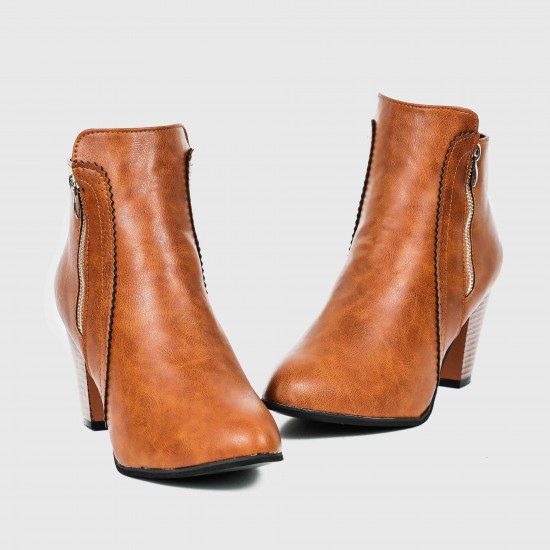 High Heeled Pointed Leather Ankle Boots - Brown |image