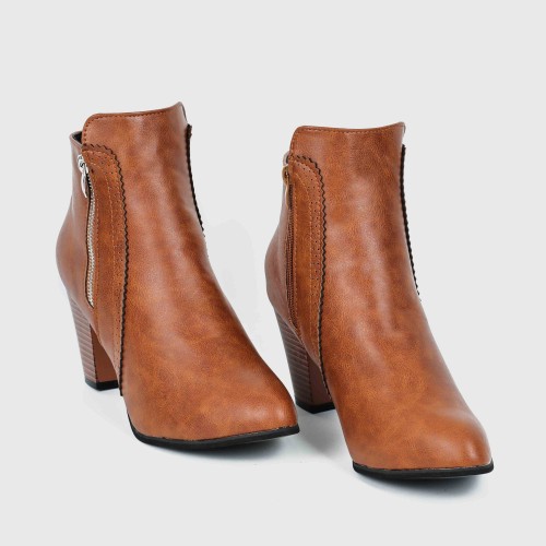High Heeled Pointed Leather Ankle Boots - Brown |image