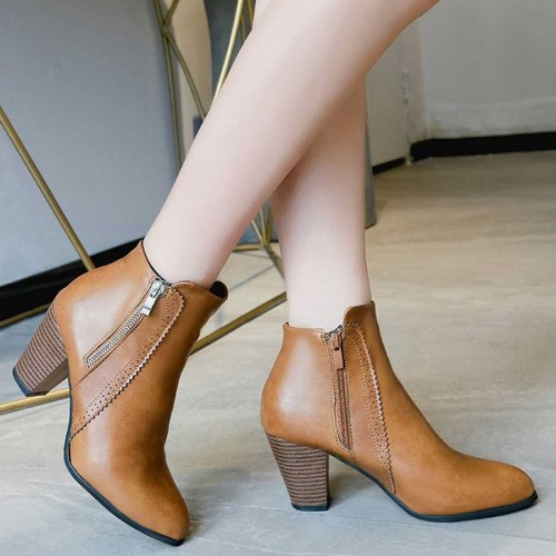 High Heeled Pointed Leather Ankle Boots - Brown |image