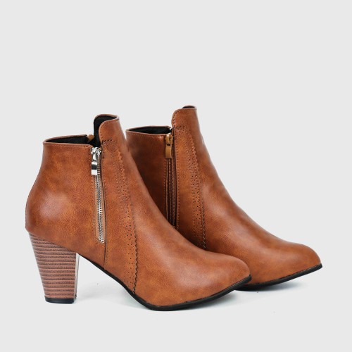 High Heeled Pointed Leather Ankle Boots - Brown |image