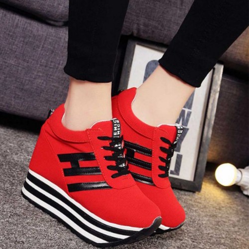 Thick Muffin Platform Laces Up Women Sneakers - Red |image