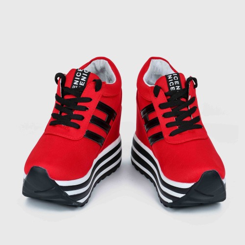 Thick Muffin Platform Laces Up Women Sneakers - Red |image