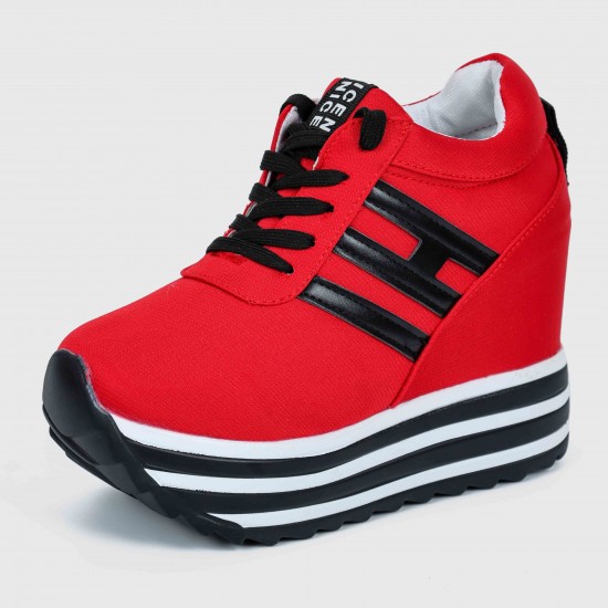 Thick Muffin Platform Laces Up Women Sneakers - Red |image