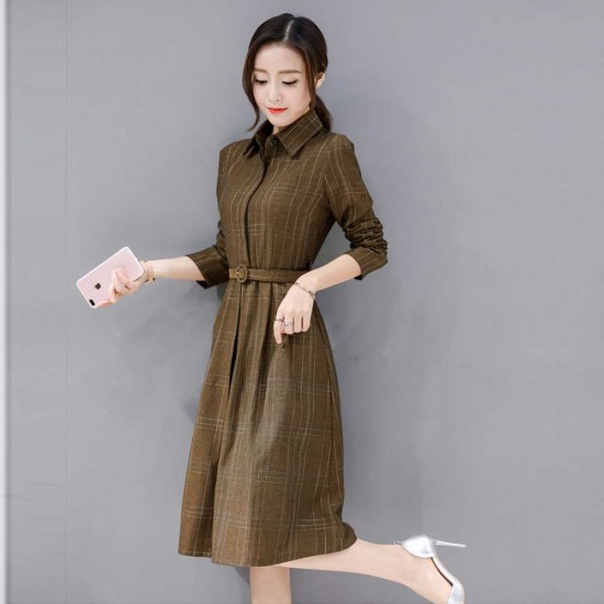 New Fashion Plaid Long Sleeve Midi Dress - Brown New Fashion Plaid Long Sleeve Midi Dress - Brown |image