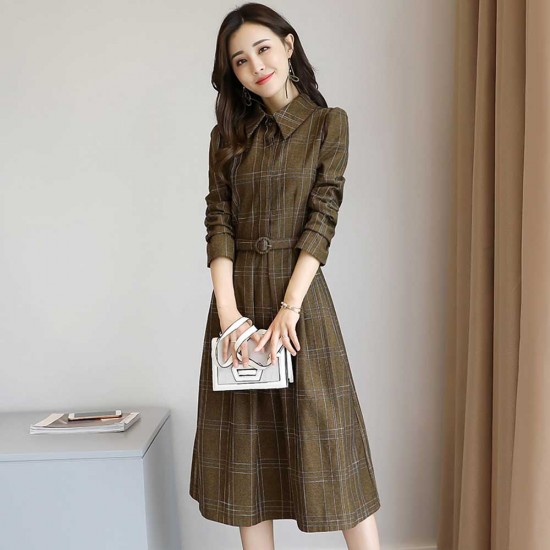 New Fashion Plaid Long Sleeve Midi Dress - Brown New Fashion Plaid Long Sleeve Midi Dress - Brown |image