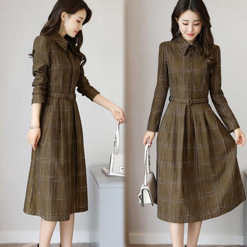 New Fashion Plaid Long Sleeve Midi Dress - Brown |image
