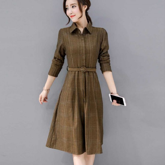 New Fashion Plaid Long Sleeve Midi Dress - Brown New Fashion Plaid Long Sleeve Midi Dress - Brown |image