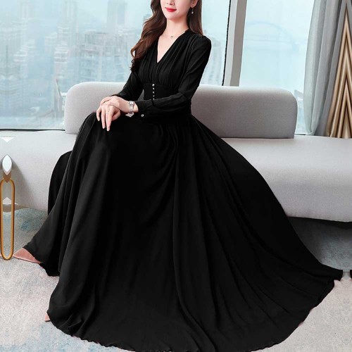 Vintage Chiffon Formal Bell Flower Dress - Black |image