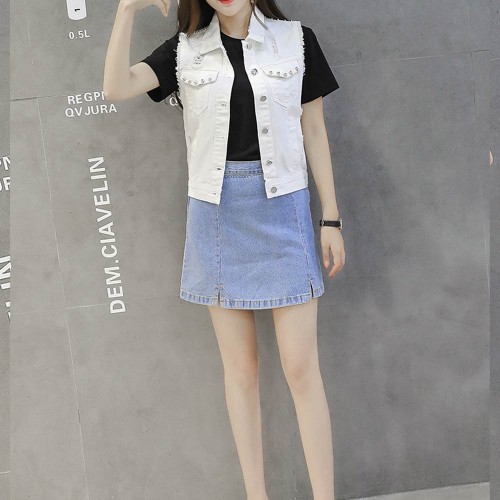 Sleeveless Denim Casual Women Jacket-White |image