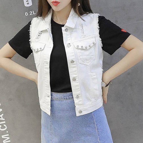 Sleeveless Denim Casual Women Jacket-White |image
