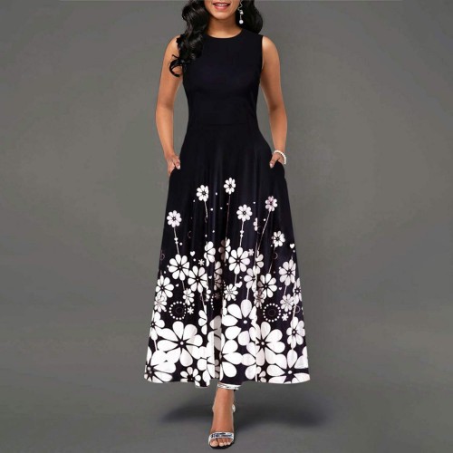 Round Neck Flower Print Sleeveless Maxi Dress - Black |image