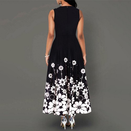 Round Neck Flower Print Sleeveless Maxi Dress - Black |image